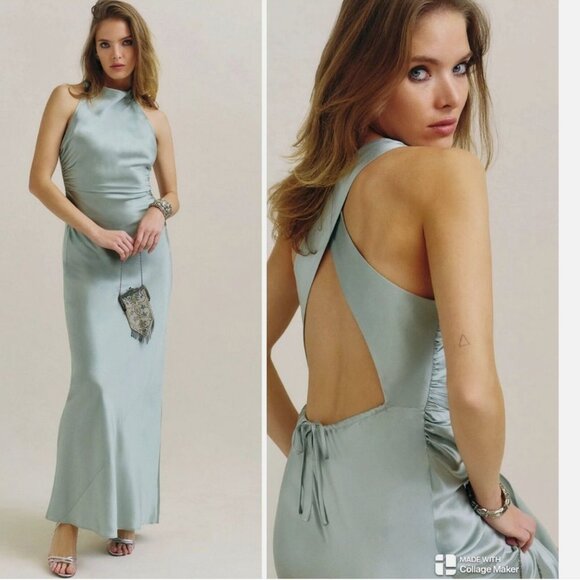 Reformation Anaiis Aquamarine Blue 100% Silk Cowl Neck Maxi Dress Gown 4 Small - Picture 9 of 10